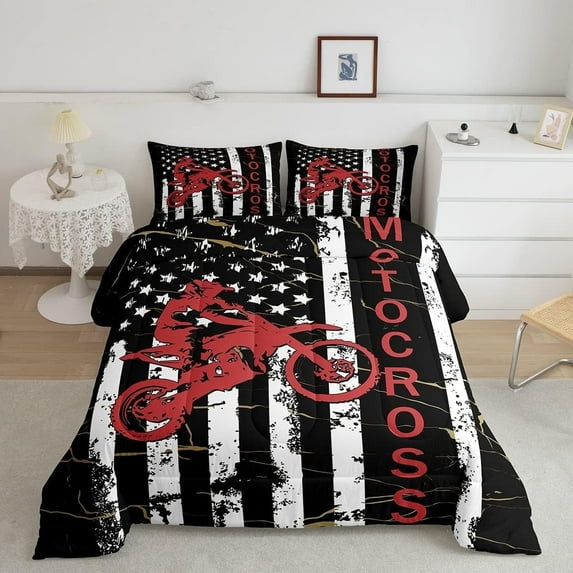 Dirt Bike Comforter Set For Teens, American Flag Bedding Set Queen, Motocross Rider Extreme Sport Down Comforter United States Federations Stars Quilted Duvet Adult, Black White White