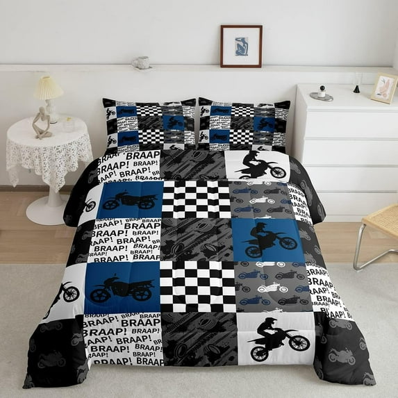 Dirt Bike Comforter Set Twin Size Black Grey Blue Motocross Rider Bedding Set Kids Boys Teens Men Bedroom Racing Themed Patchwork Grid Quilt Set Fashion Motorcycle Silhouette Duvet Insert
