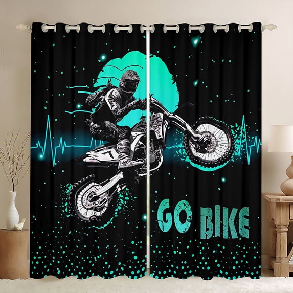 Dirt Bike Curtains & Drapes Motorcycle Racer 30%-50% Blackout Curtains 76x45,Black And Teal Curtains Speed Sports Car Black Out Curtains Neon Green Polka Dots Window Curtains Bedroom Decor