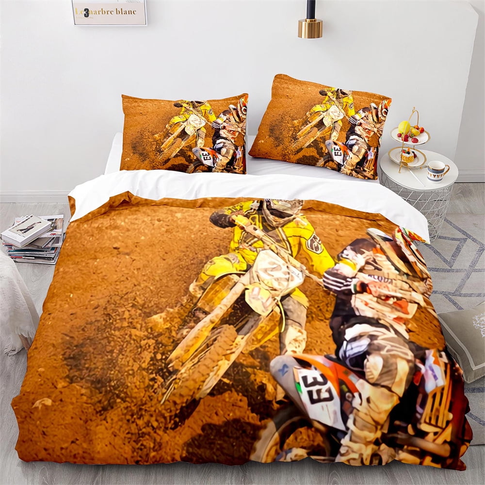 Dirt Bike Duvet Cover Set Lake Tree Motocross Bedding Set