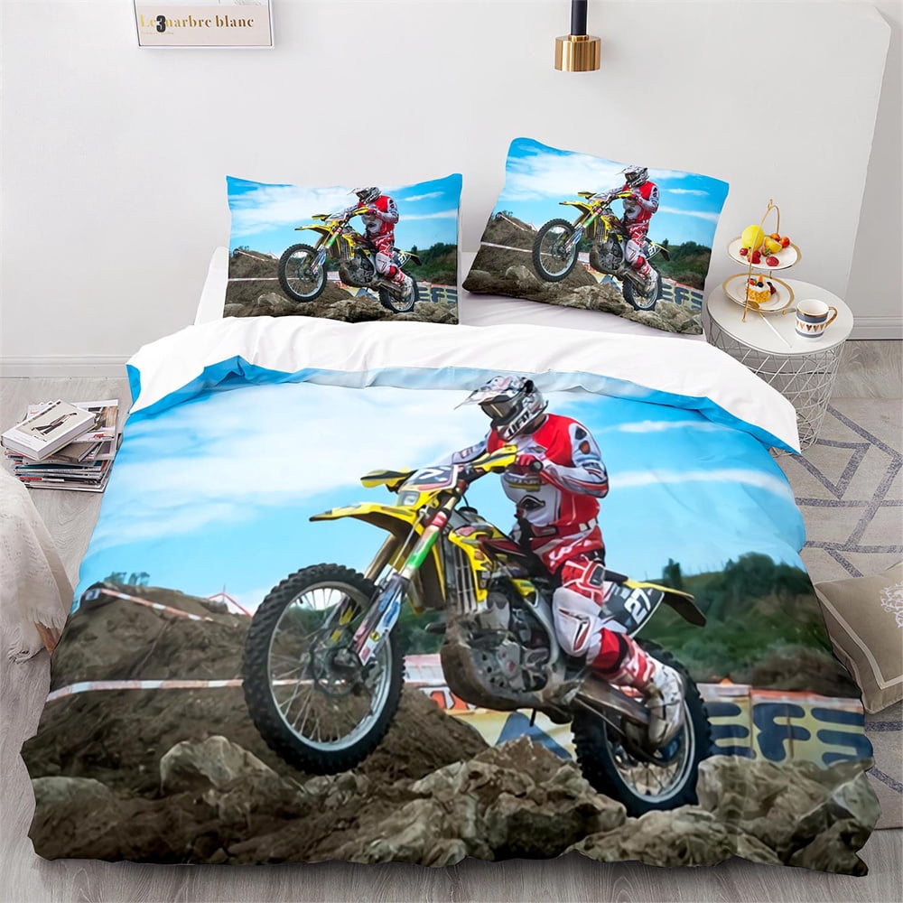 Dirt Bike Duvet Cover Set Lake Tree Motocross Bedding Set for