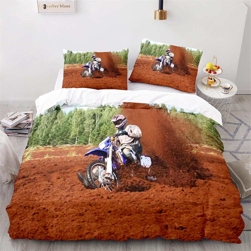 Dirt Bike Duvet Cover Set Lake Tree Motocross Bedding Set for