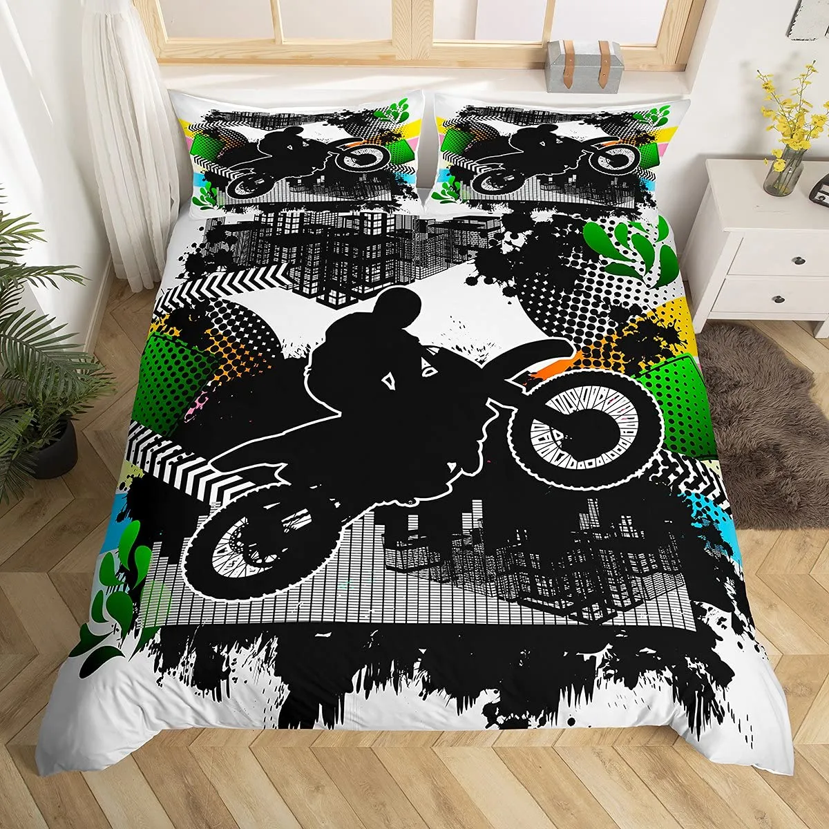 Dirt Bike Duvet Cover Set Sports Biker Motocross Racing Moves Theme