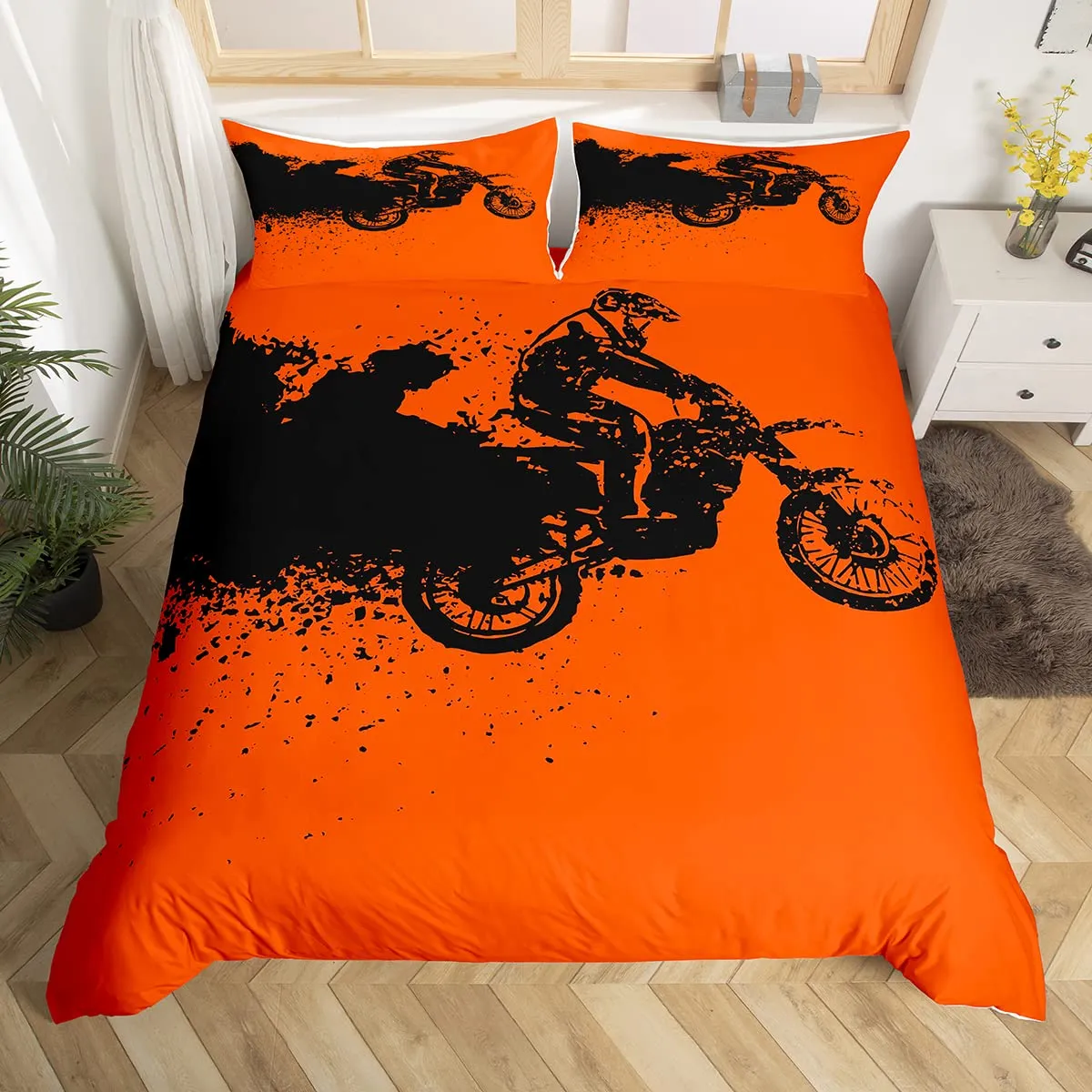Dirt Bike Duvet Cover Set Sports Biker Motocross Racing Moves Theme