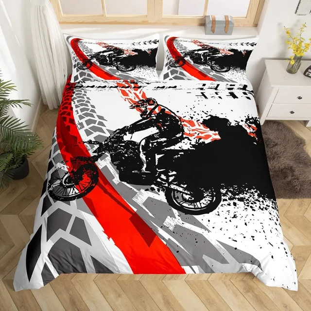 Dirt Bike Duvet Cover Set Sports Biker Motocross Racing Moves Theme