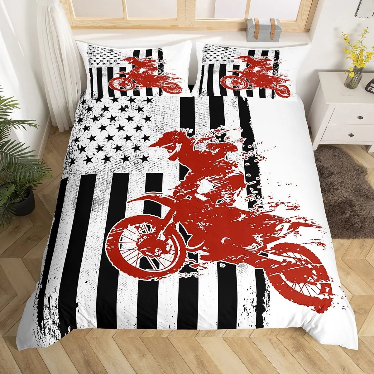Dirt Bike Duvet Cover Set Sports Biker Motocross Racing Moves Theme