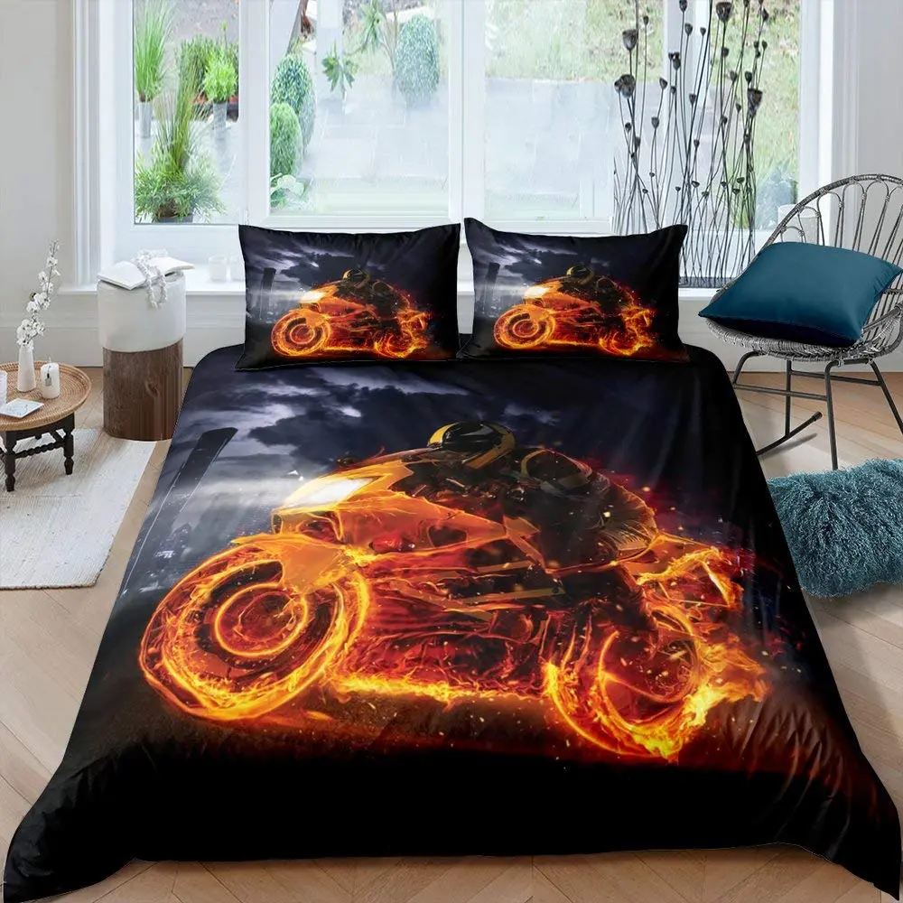 Dirt Bike Duvet Cover Set Sports Biker Motocross Racing Moves Theme