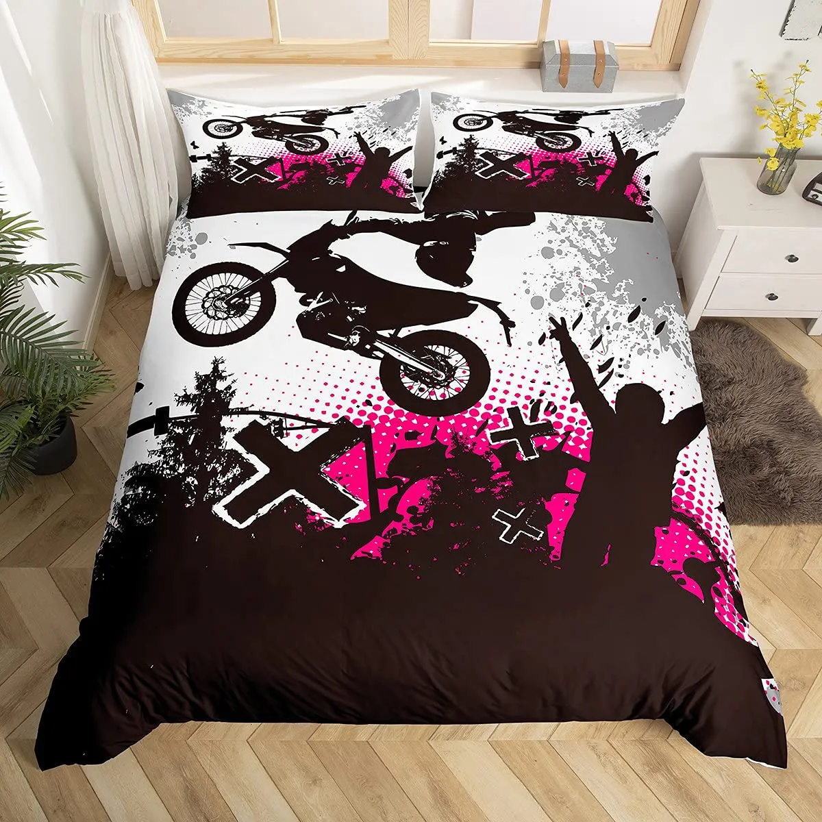 Dirt Bike Duvet Cover Set Sports Biker Motocross Racing Moves Theme