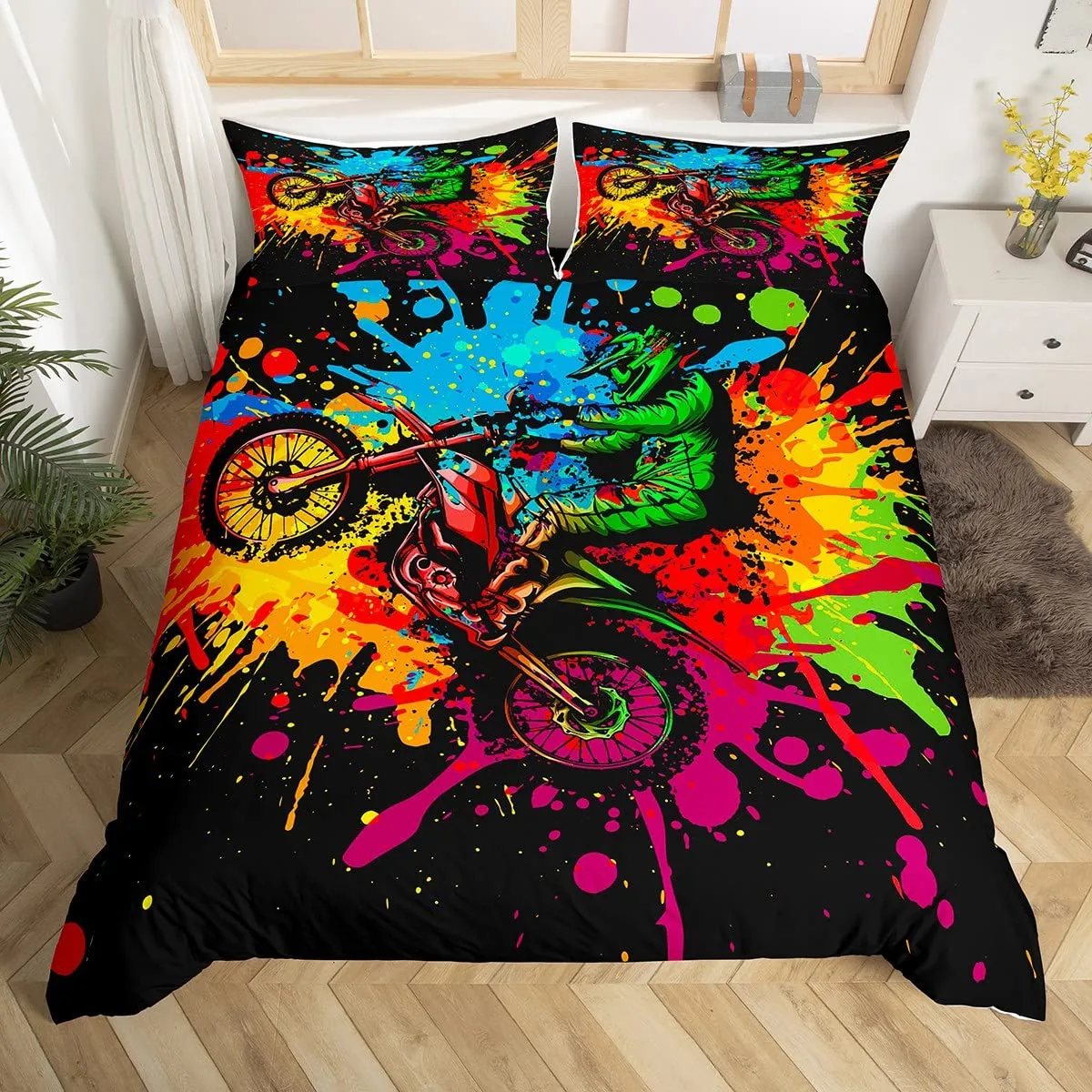 Dirt Bike Duvet Cover Set Sports Biker Motocross Racing Moves Theme