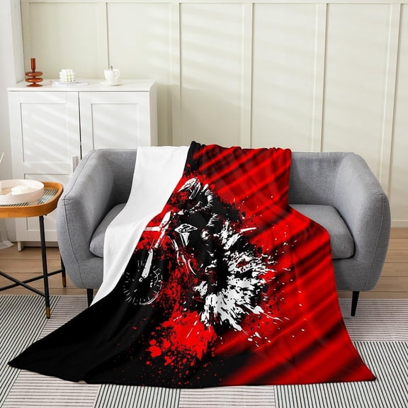 Dirt Bike Flannel Blanket Plush Fuzzy Motocross Fleece Throw Blanket for Boys Girls Red Black Ombre Plush Lightweight Sofa Throw Extreme Sports for Bed Couch Chair Living Room 30" x 40"