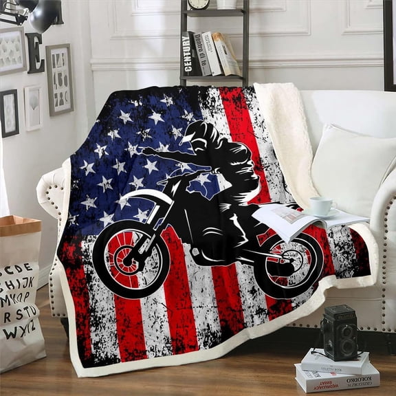 Dirt Bike Fleece Throw Blanket Baby 30"X40" Retro American Flag Throw Blanket for Kids Boys Teen Men,Motocross Rider Sherpa Blanket Black Tie Dye Red Blue USA Flag Plush Blanket for Bed Sofa Couch