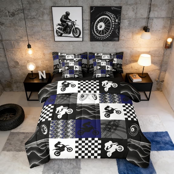 Dirt Bike Full Comforter Set 7 Pieces, Motocross Rider Bed in A Bag, Motorcycle Grunge Bedding Set with Comforters, Sheets, Pillowcases Motorbike Extreme Sport Game Buffalo Plaid