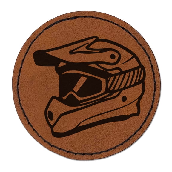 Dirt Bike Helmet Extreme Sports Round Iron-On Engraved Faux Leather Patch Applique - 2.5 Inch - Brown