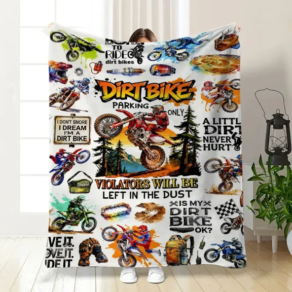 Dirt Bike Motocross Flannel Throw Blanket, Colorful Motorcycle Racing Design, Enthusiasts, Sofa Bedroom Travel Camping Decor, Printed Blanket