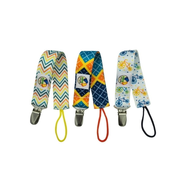 Little Busy Baby Pacifier Clips 3-Pack for Boys  Dirt Bike Binky & Soothie Holder Strap  Soft Cotton, Nickel-Free Clip, Universal Fit for 024 Months