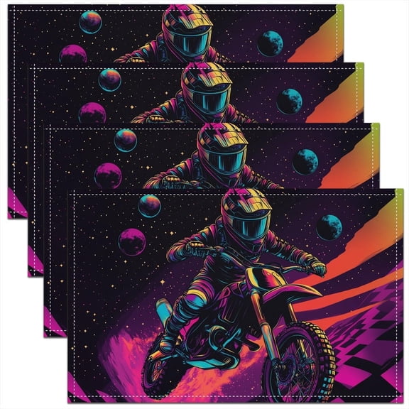 Dirt Bike Placemats Trippy Style Universe Table Mats for Kids Kitchen Table Decor Motorcycle Extreme Sports Place Mats 12x18 Inch Set of 4 Galaxy Planets Placemats