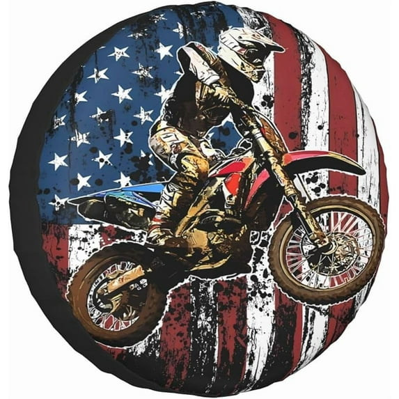 Dirt Bike Racing Motocross Race American Flag Spare Tire Cover Weatherproof Wheel Protectors Dust-Proof Sun Protection Wheel Tire Covers Universal Fit for Truck SUV RV Camper Trailer