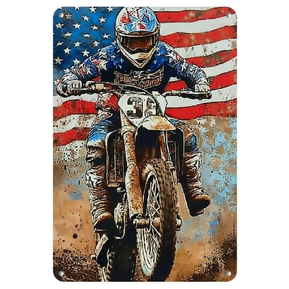 Dirt Bike Racing Motocross Racing American Flag Sign Metal Tin Signs, Racing Motocross Poster for Home/Office/Garages/Bedroom/Cafes Bars Pub, Wall Decor Plaque Sign 8x12 Inch