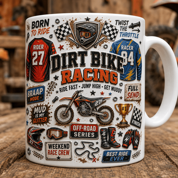 Dirt Bike Racing Mug Gift Mug for Motocross Riders, Off-Road Racer Coffee Cup