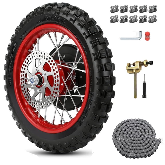 Dirt Bike Rear Wheel MX650 Assembly with with 2.50x10 Inner Tube Brake Rotor 25H Chain Sprocket Red Rim compatible with Razor MX500 MX650 SX500 McGrath Dirt Rocket Bike, 2.50-10 Dirt Bike Tire Parts