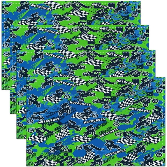 Dirt Bike Table Mats Placemat 12"x18" Extreme Sports Placemats Set of 4 Racing Motocross Rider Placemats for Dining Table Indoor Outdoor Kitchen Blue Green Decor Table Place Mats