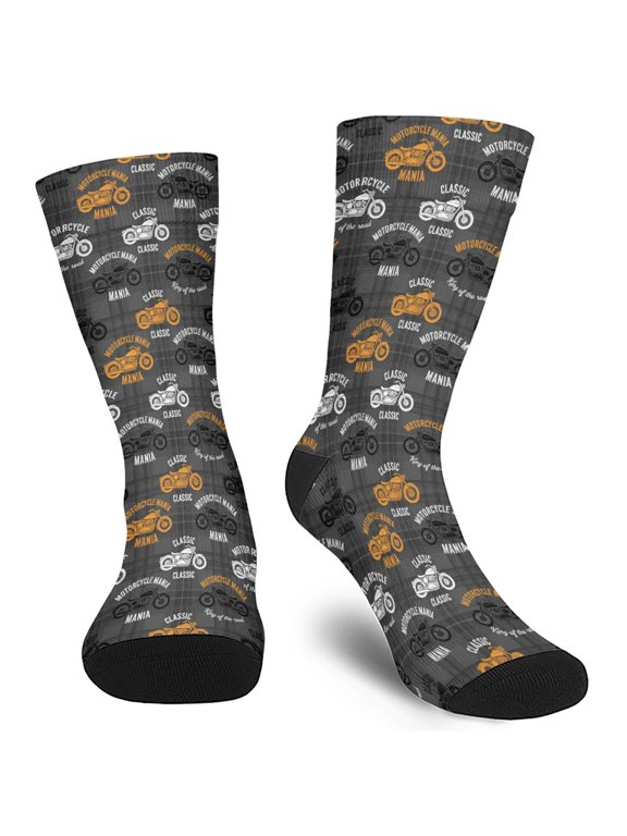 Dirt Bike and Text Black Pattern Men's Mid-calf Crew Socks, Everyday Trainer Socks with Reinforced Heel & Toe, Soft Stretchy Gifts Ideas for Men Adults