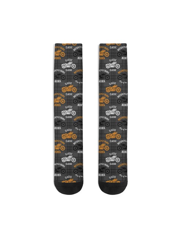 Dirt Bike and Text Black Pattern Women's Crew Socks, Mid-calf Polyester Running Athletic Socks with Reinforced Heel & Toe, Moisture Wicking Gifts Ideas for Sports Work Home