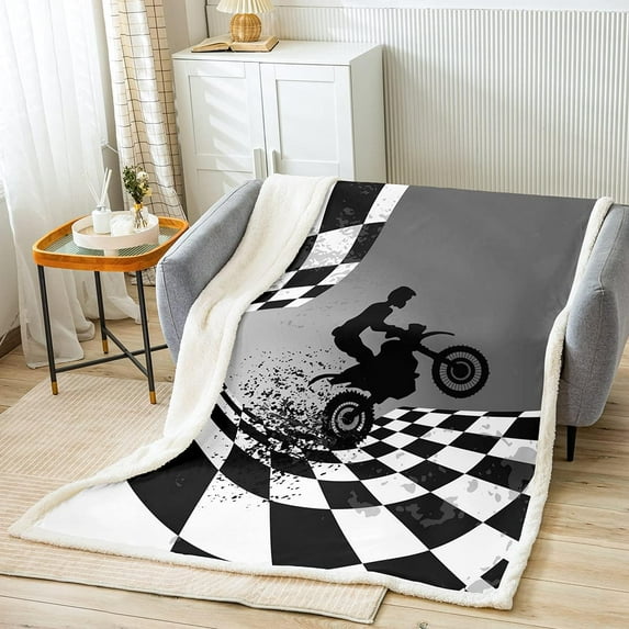 Dirt Bike Throw Blanket Motorcycle Extreme Sports Theme Plush Bed Blanket 40"X50" Motocross Rider Fleece Throw Blanket for Kids Boys Teens Men,Black White Geometric Sherpa Blanket