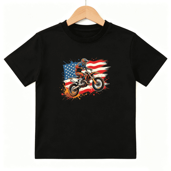 Dirt Bike USA Flag Boys Graphic Print T-Shirt, Cool Motocross Racing 100% Cotton Kids Short Sleeve Tee