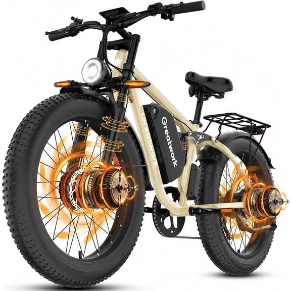 Fat Tire Dirt Bike for Adults, Dual Motor AWD 45MPH Bicycles 52V 25AH Removable Battery, 26" Full Suspension 7-Speed UL2849