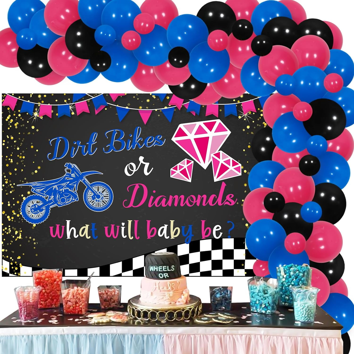 Dirt Bikes or Diamonds Boy or Girl Gender Reveal Decor with What Will Baby Be Backdrop Banner Dirt Bikes or Diamonds Pink Blue Gender Reveal Balloon Arch Kit for He or She Baby Shower