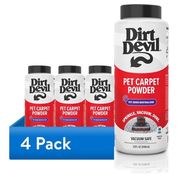 (4 pack) Dirt Devil Pet Room Refresher Carpet Powder, Tropical Wind Scent, for Carpet and Upholstery, Vacuum Safe, Pet Odor Eliminator, AD31211, 32 oz.