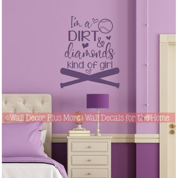 I'm a Dirt Diamonds Kind Of Girl Softball Wall Quote Sports Art Decal - Girls Softball Wall Art - Softball Wall Art Decal for Girls Bedroom - Custom Size, Color, 23x19-Inch, Plum