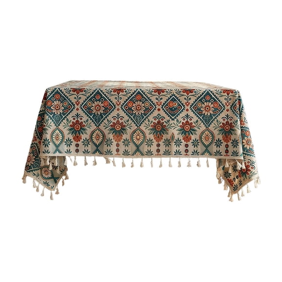 Dirt Proof Bohemian Ethnic Print Tablecloth, Polyester, 200x140cm, Multicolor, Tassel Edge, for Dining Room, Living Room, Party Decor, and Gift Idea
