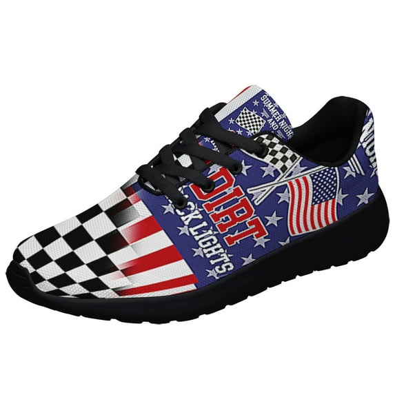 Dirt Track Racing Checkered Racing American flag Summer Nights and Dirt Track Lights Shoes Sneakers Black Size 10.5