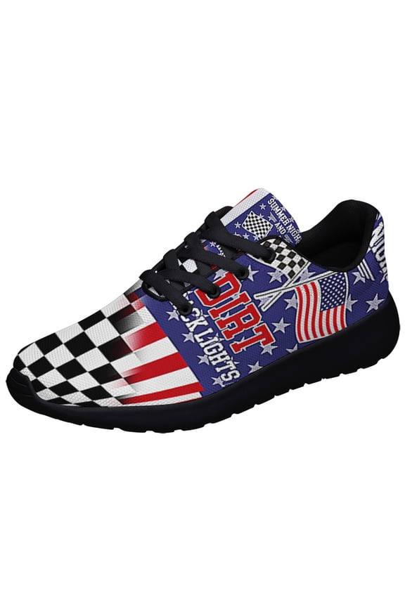 Dirt Track Racing Checkered Racing American flag Summer Nights and Dirt Track Lights Shoes Sneakers Black Size 9