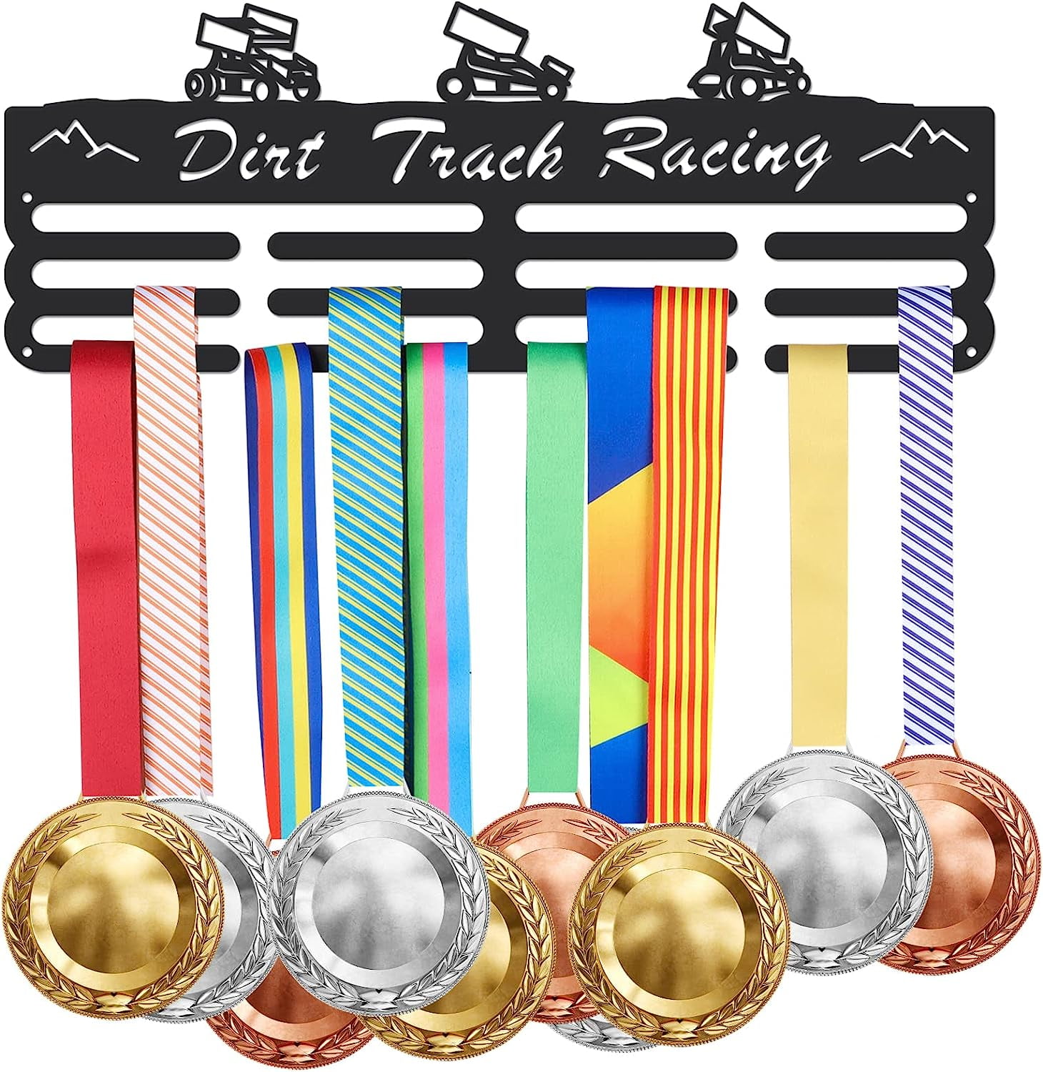 Dirt Track Racing Medal Hanger Display Dirt Track Racing Medal Display Holder with 12 Lines Sturdy Steel Award Display Holders Wall Mounted Medal Display Racks for Ribbon LanyardBlack