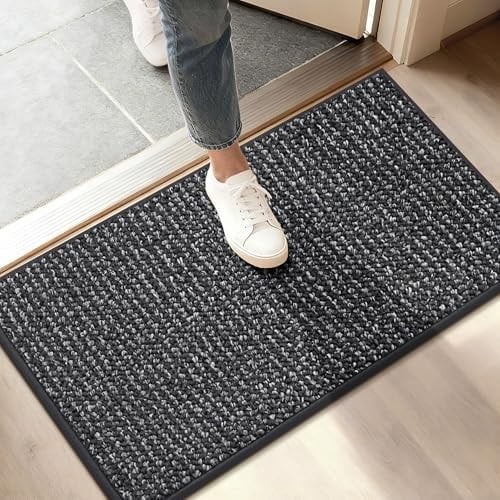 Dirt Trapper Door Mat 17" x 30", Non-Slip Doormats (Rolled-Up NO Creases) Washable Entryway Rugs, Dirt Resist and Absorbent Welcome Mat, Low Profile Floor Mats for Front Back Door, Charcoal