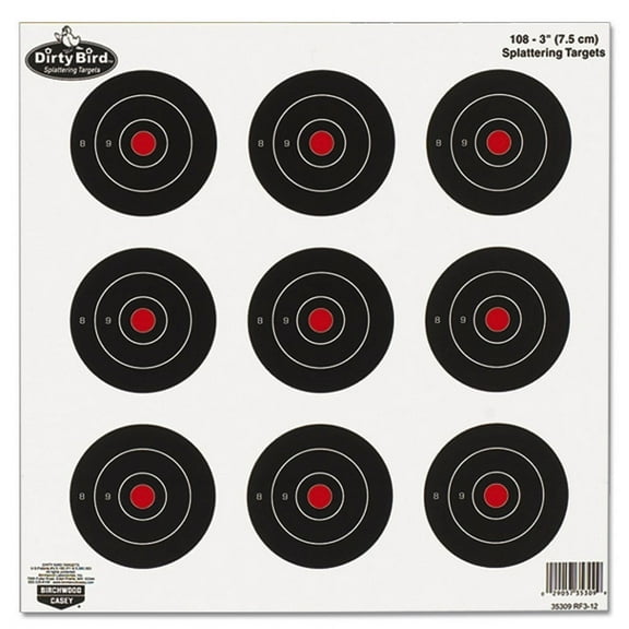 Birchwood Casey Non-Adhesive Dirty Bird Bull's-Eye Small Targets Practice Shooting for Indoor and Outdoor Use, 3" - 12 SHEETS, 192 TARGETS
