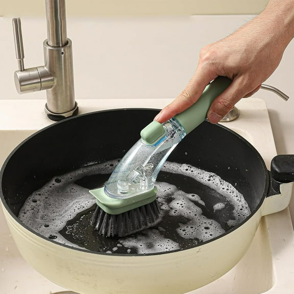 No Dirty Hands Kitchen Pot Brush with Soap Dispenser, Durable Nylon Bristles & Built-In Scraper, Leak-Proof Design, Ergonomic Silicone Handle, Ideal for Cleaning Pans, Dishes & Nonstick Cookware