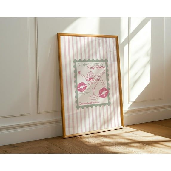 Dirty Martini Pink Stripes Retro Stamp Print: Trendy Kitchen Bar Cart ...