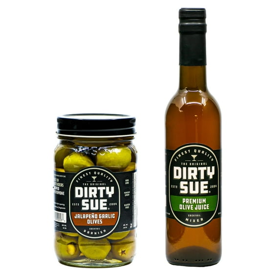 Dirty Sue 375 mL Olive Juice and 16 Ounce Stuffed Olive or Onion Combo Pack (Double Stuffed Jalapeno and Garlic)