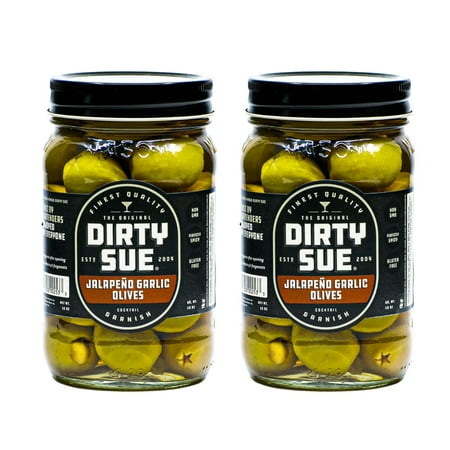 Dirty Sue Double Stuffed Olives - 16oz Mason Jar | Perfectly Stuffed with Garlic and Jalapeno | Imported From The Finest Olive Regions | Perfect For Any Party or Charcutier Board (2 Pack)