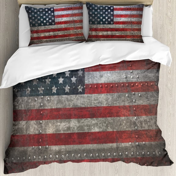 Dirty USA American Flag Duvet Cover Set Queen Size Textured US Federations Flags Backdrop on Rivet Board Plate Design Quilt 1Duvet Cover + 2 Pillow Cases