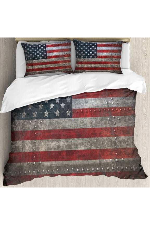 Dirty USA American Flag Duvet Cover Set Queen Size Textured US Federations Flags Backdrop on Rivet Board Plate Design Quilt 1Duvet Cover + 2 Pillow Cases