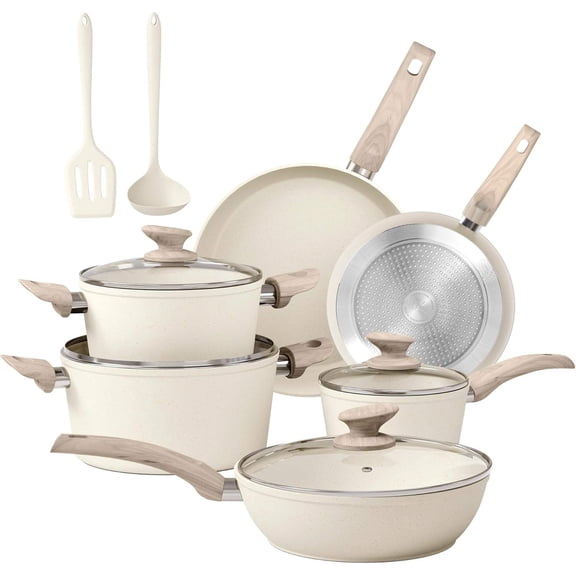 DisDelight Pots and Pans Set Non Stick, Granite Kitchen Cookware Sets for Cooking, Induction Frying Pan Set Nonstick, Cream White
