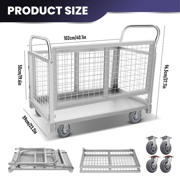 Disassemblable Trolley, 4-in-1 Flatbed Trolley with Wire Mesh Net Cage for Moving, Storage & Stall Operations