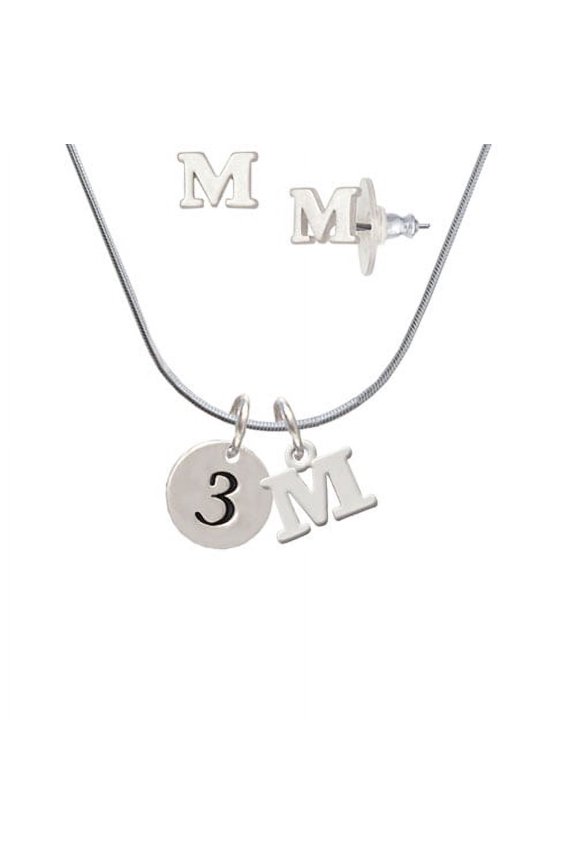 Disc 1/2'' Number - 3 - - M Initial Charm Necklace and Stud Earrings Jewelry Set