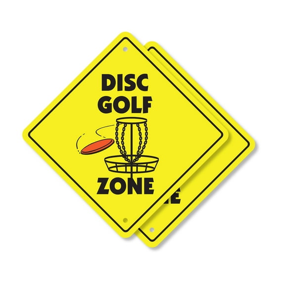 Disc Golf (2 Pack) Plastic Crossing Sign - 10 Inch X 10 Inch Xing Sign Gift Sports Frisbee Outdoor Fun Course Target Basket Recreation Throw Game Park