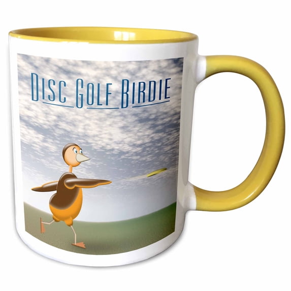 3drose, Disc Golf Birdie a Disc Golfing Bird Throws a Frisbee Towards the Basket, 11oz Two-tone Yellow Mug